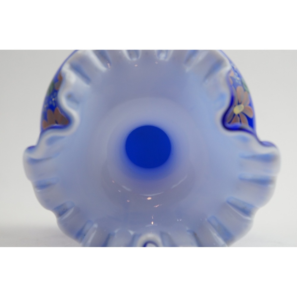EUC Fenton Glass Vase Cobalt Blue Hand Painted Floral Ruffled Signed 6" - Picture 4 of 6